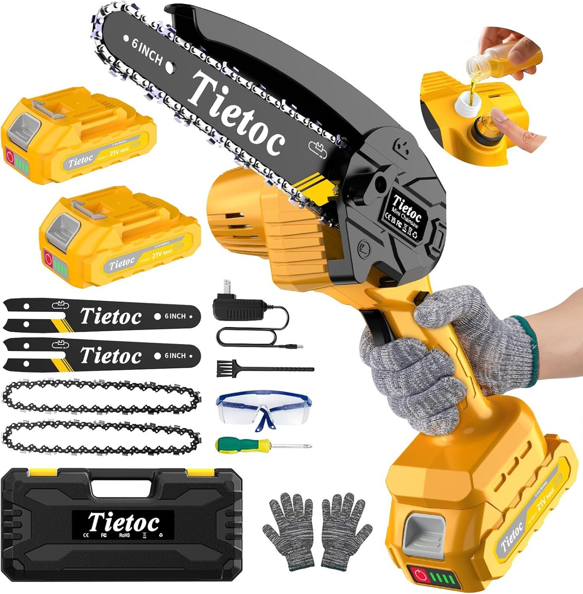 Tietoc 6-Inch Mini Chainsaw with 2 Batteries & 2 Chains