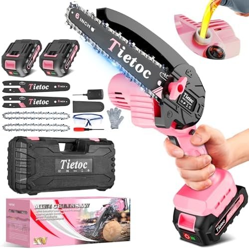 Tietoc 6-Inch Mini Chainsaw with 2 Batteries & Case, Pink