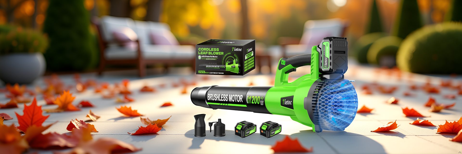 Tietoc cordless leaf blower with batteries on autumn leaves