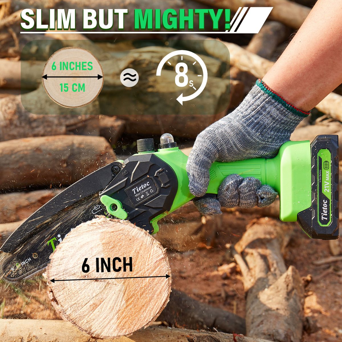 Tietoc 6-inch mini chainsaw cutting a log, slim but mighty